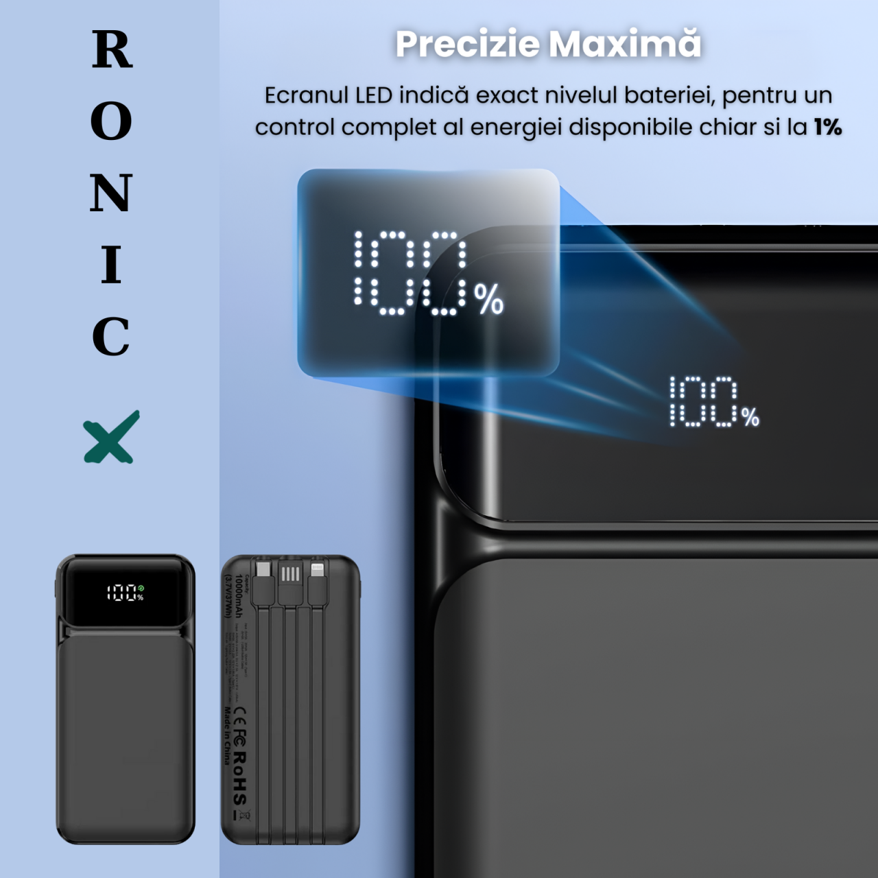 Baterie Externa 10.000 mAh, Fast Charging, Tehnologie High Speed PD 22.5W, 3 Cabluri Integrate, 3 Porturi, Incarcare Bidirectionala [5]