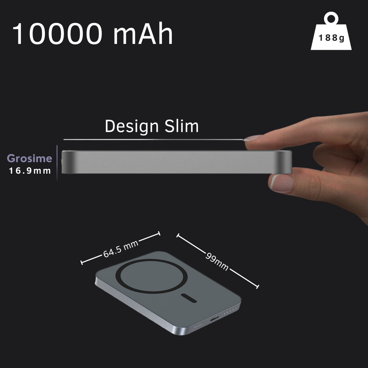 Baterie Externa Wireless Magnetica iCharge, Ronic X, 10.000 mAh, Compatibila iPhone 12-15 Pro Max si Android, 15W, Portabila, Cablu Type-C inclus, Gri [6]