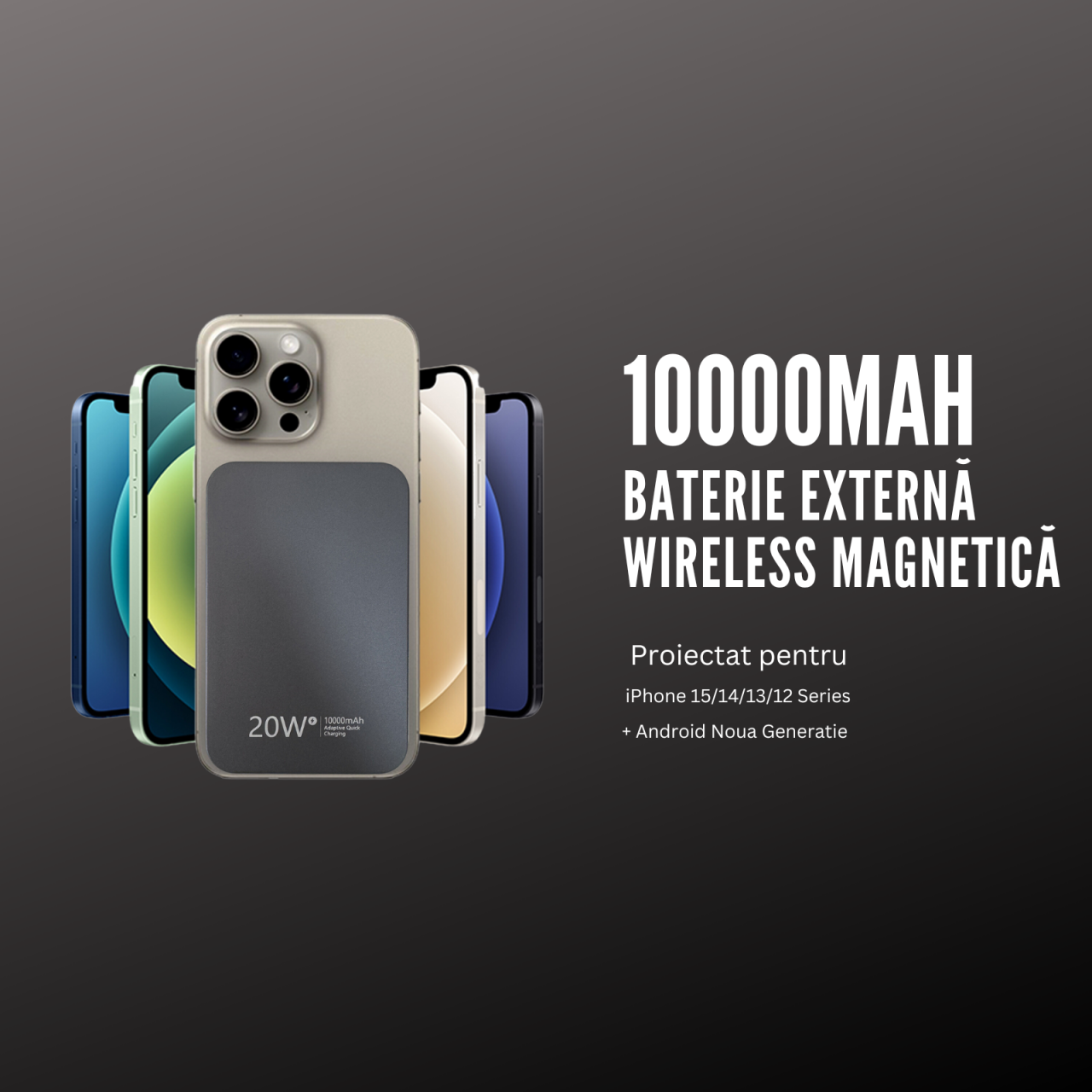 Baterie Externa Wireless Magnetica iCharge, Ronic X, 10.000 mAh, Compatibila iPhone 12-15 Pro Max si Android, 15W, Portabila, Cablu Type-C inclus, Gri [7]