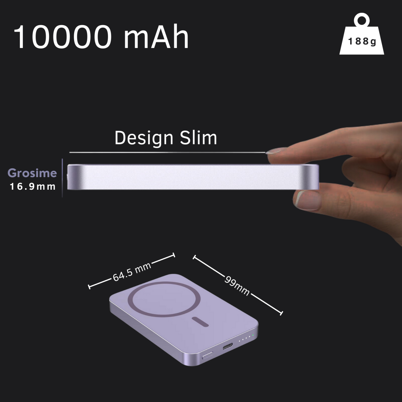 Baterie Externa Wireless Magnetica iCharge, Ronic X, 10.000 mAh, Compatibila iPhone 12-15 Pro Max si Android, 15W, Portabila, Cablu Type-C inclus, Mov [5]