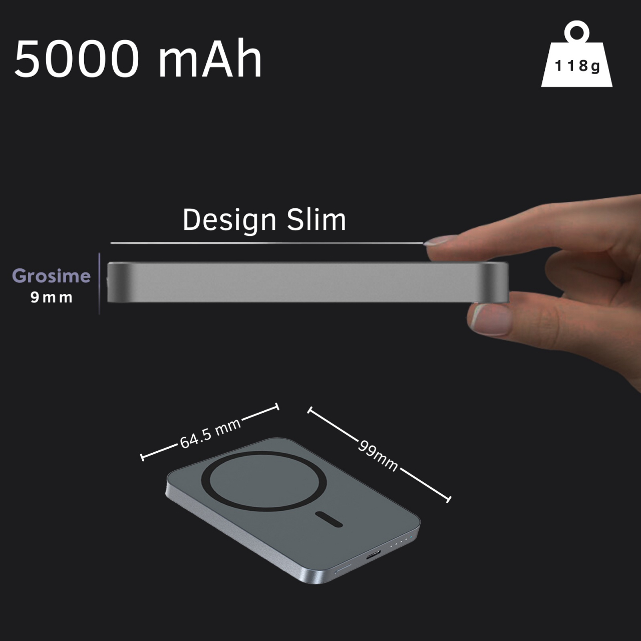 Baterie Externa Wireless Magnetica iCharge, Ronic X, 5.000 mAh, Compatibila iPhone 12-15 Pro Max si Android, 15W, Portabila, Cablu Type-C inclus, Gri [2]