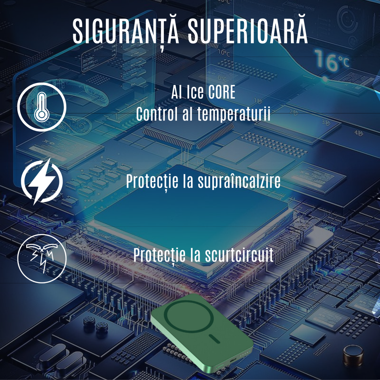 Baterie Externa Wireless Magnetica iCharge, Ronic X, 10.000 mAh, Compatibila iPhone 12-15 Pro Max si Android, 15W, Portabila, Cablu Type-C inclus, Verde [3]