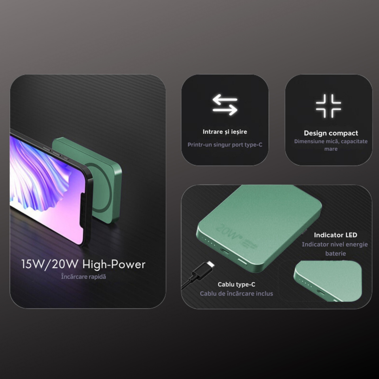 Baterie Externa Wireless Magnetica iCharge, Ronic X, 10.000 mAh, Compatibila iPhone 12-15 Pro Max si Android, 15W, Portabila, Cablu Type-C inclus, Verde [4]