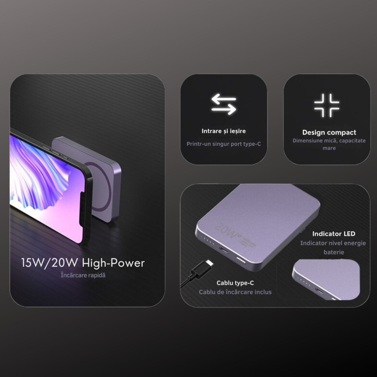Baterie Externa Wireless Magnetica iCharge, Ronic X, 10.000 mAh, Compatibila iPhone 12-15 Pro Max si Android, 15W, Portabila, Cablu Type-C inclus, Mov [4]
