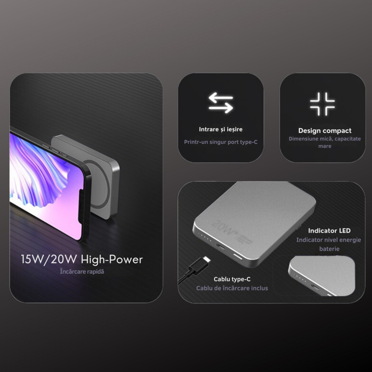 Baterie Externa Wireless Magnetica iCharge, Ronic X, 5.000 mAh, Compatibila iPhone 12-15 Pro Max si Android, 15W, Portabila, Cablu Type-C inclus, Gri [5]