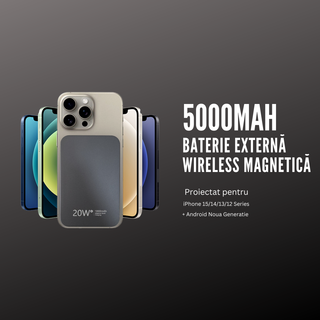 Baterie Externa Wireless Magnetica iCharge, Ronic X, 5.000 mAh, Compatibila iPhone 12-15 Pro Max si Android, 15W, Portabila, Cablu Type-C inclus, Gri [7]