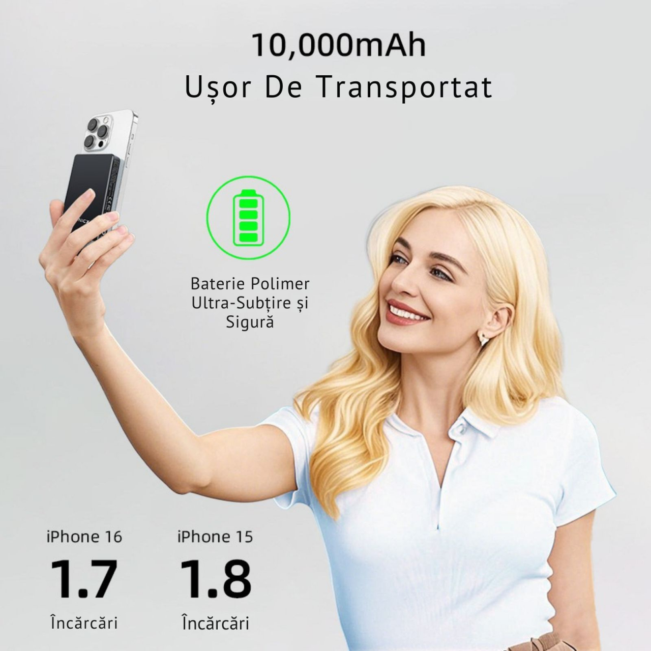 Baterie Externa Wireless Slim, 10.000 mAh, Incarcare Rapida Magnetica 15W [5]