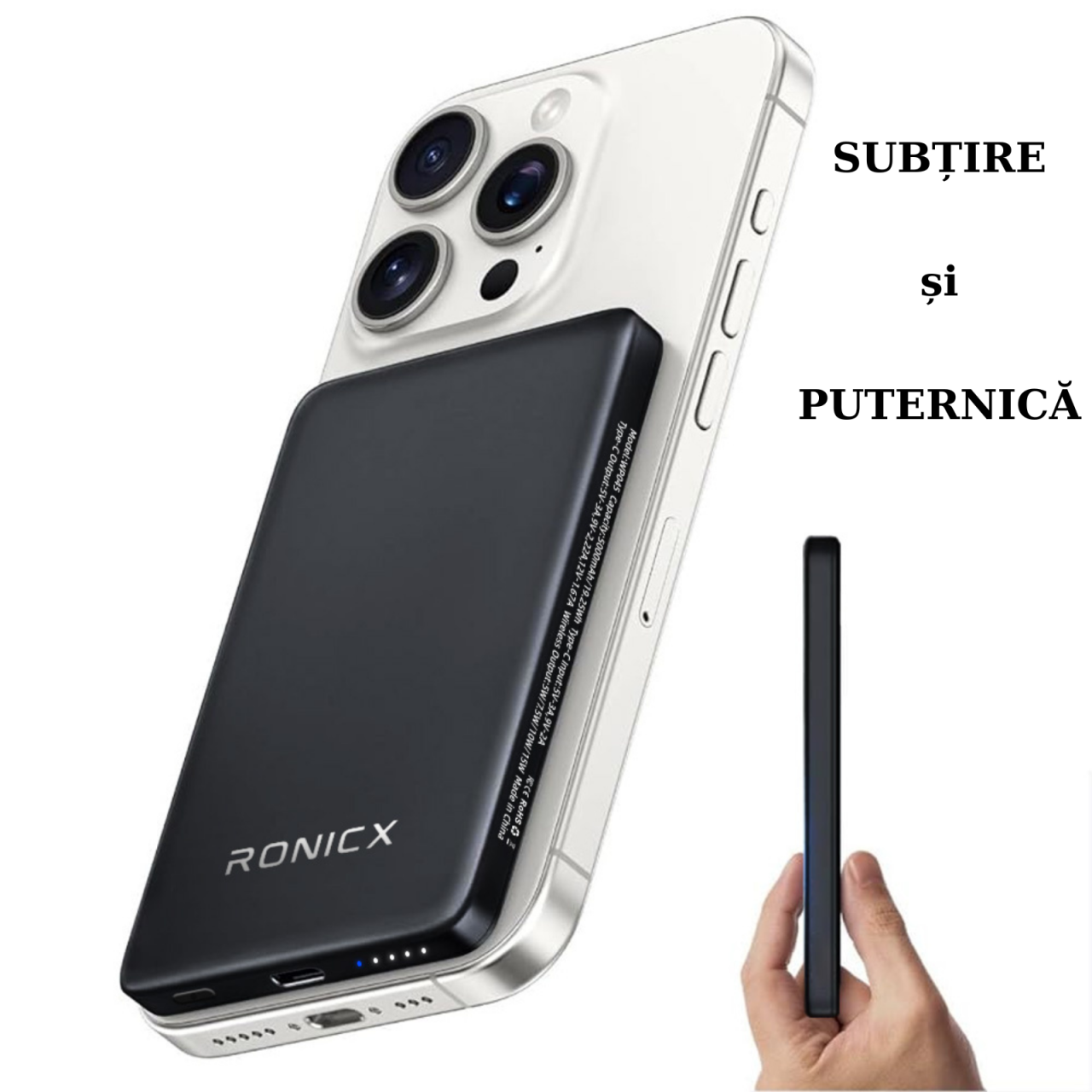 Baterie Externa Wireless Slim Ronic X, 5000 mAh, Incarcare Rapida Magnetica 15W [2]