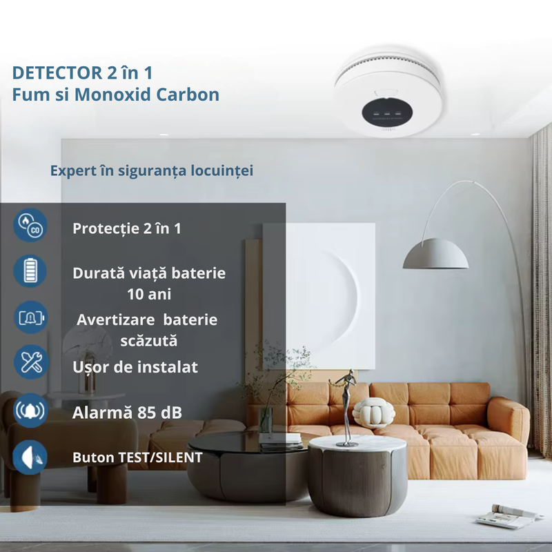 Detector 2 in 1 Fum si Monoxid de Carbon, Senzor dual electrochimic + fotoelectric, Avertizare sonora puternica [3]