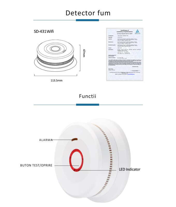 Detector Fum Wireless, Compatibil Android/iOS, Aplicatii Tuya si SmartLife, suprafata de 40 m2, Alarma, LED [4]