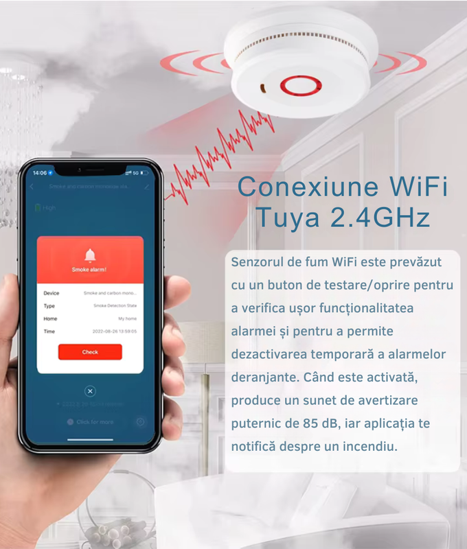 Detector Fum Wireless, Compatibil Android/iOS, Aplicatii Tuya si SmartLife, suprafata de 40 m2, Alarma, LED [5]