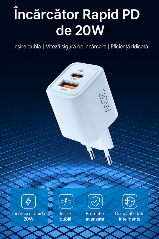 Incarcator Retea TimesTwo, Incarcare Rapida 20W cu Dublu Port USB-C PD 3.0 + USB-A QC 3.0 [4]