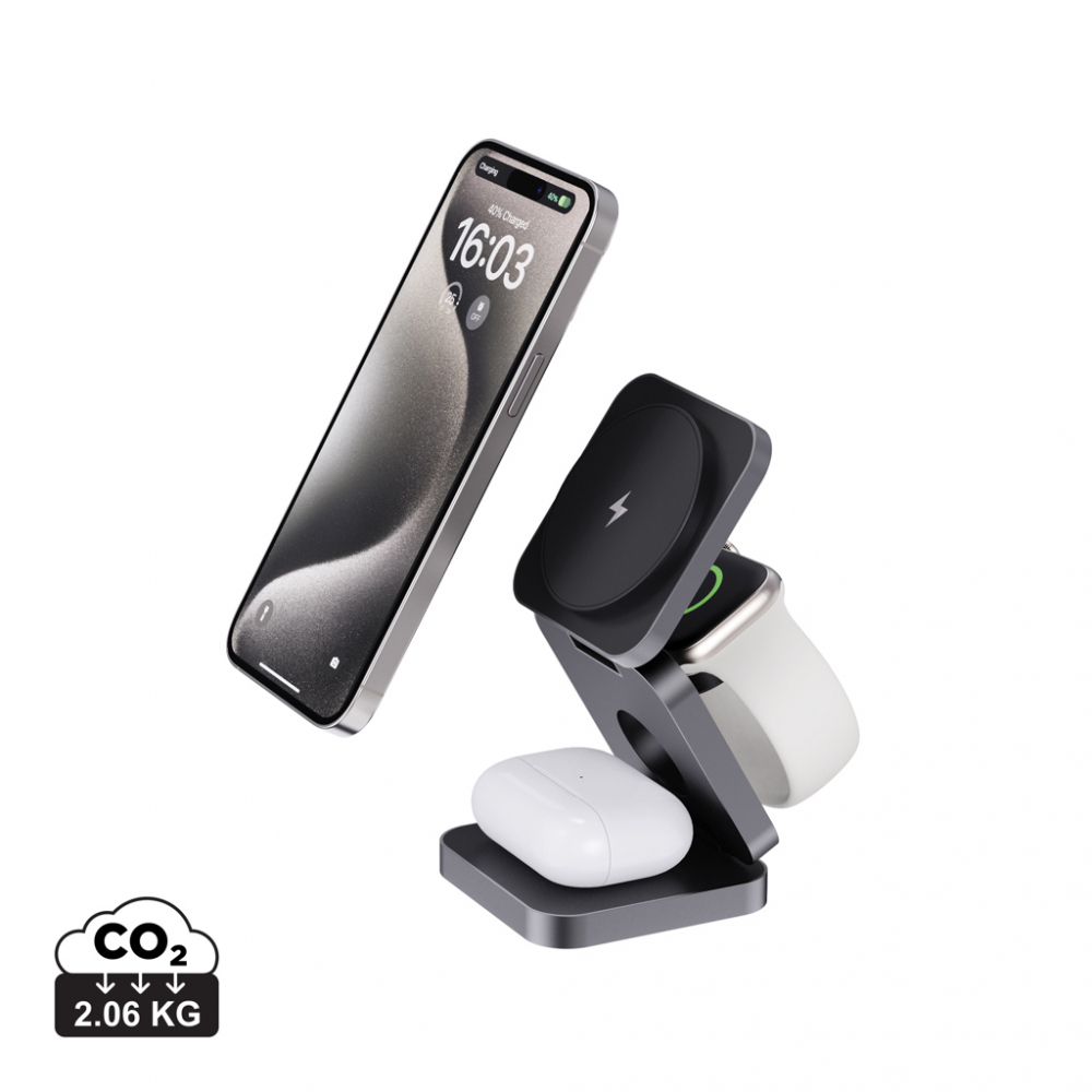 Încărcător wireless eco de lux 3-în-1 pliabil – 15W, din ABS și aluminiu reciclat [1]