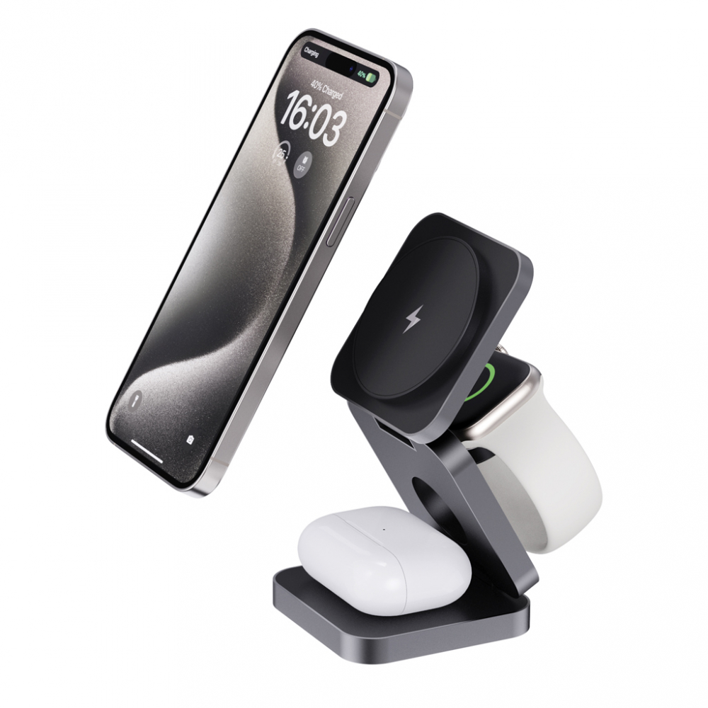 Încărcător wireless eco de lux 3-în-1 pliabil – 15W, din ABS și aluminiu reciclat [2]