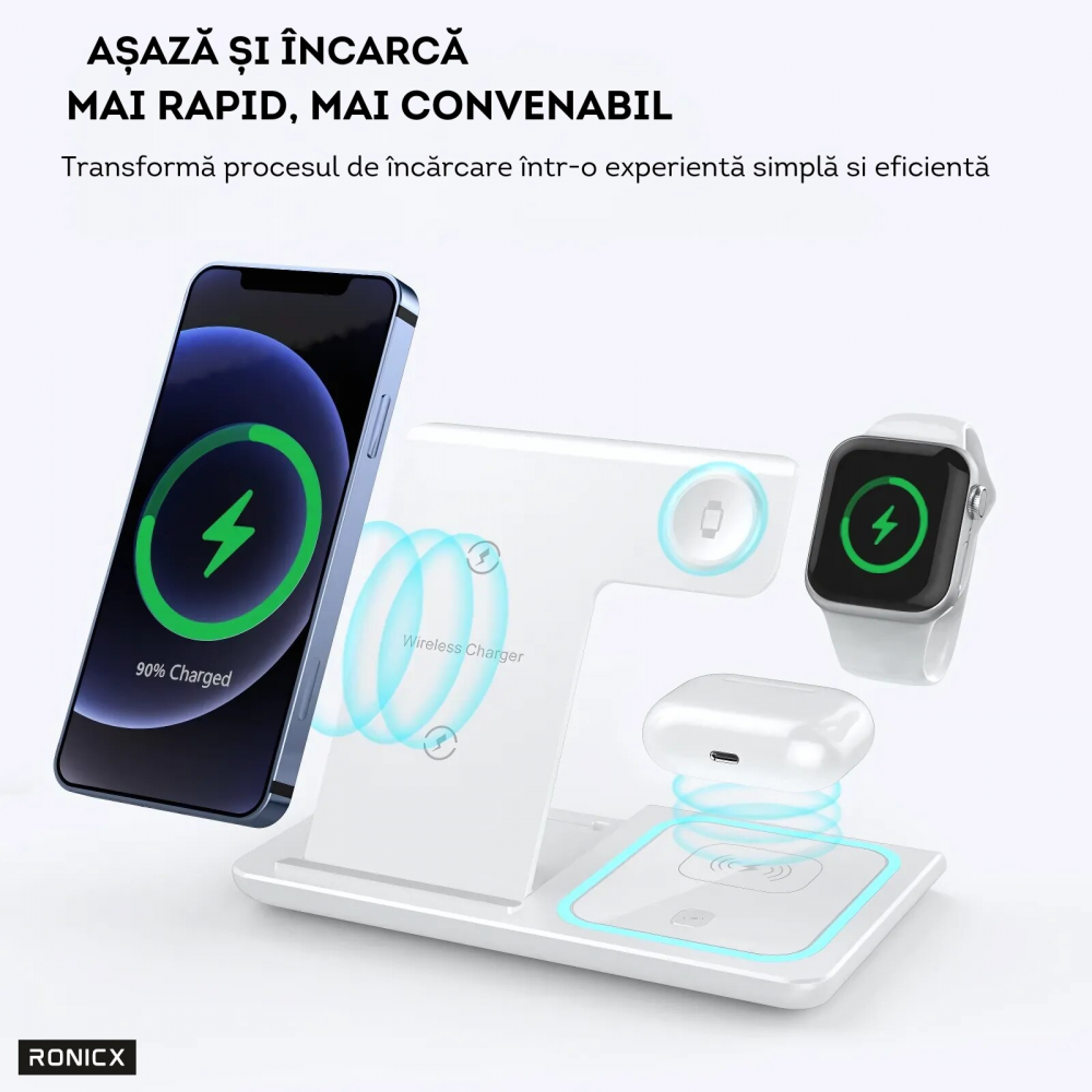Incarcator Wireless, Statie Incarcare 3 in 1 Qi Fast Charger 15W [5]