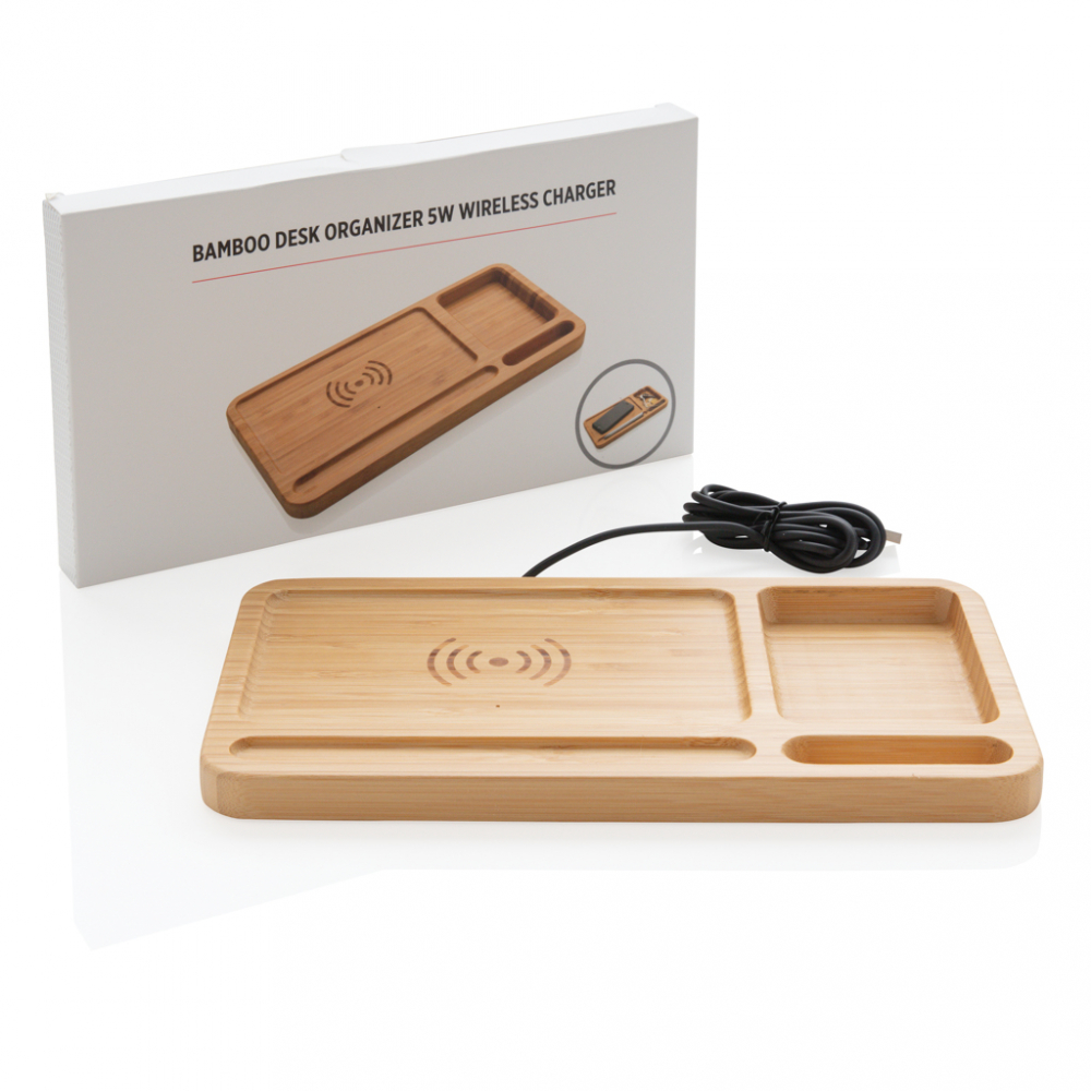 Organizator de birou din bambus cu încărcare wireless 5W [10]