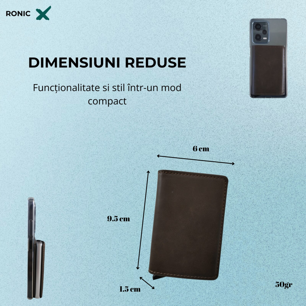 Portofel carduri Clipster, Ronic X, slim, 7-9 carduri, compartiment pentru bacnote, piele ecologica (PU), protectie RFID, carcasa aluminiu, unisex, maro inchis [2]