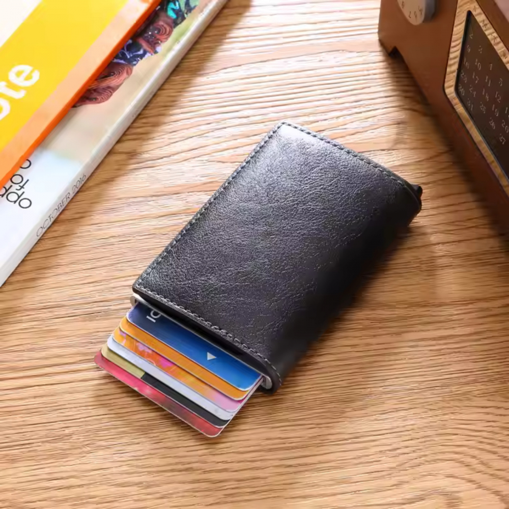 Portofel carduri Clipster, Ronic X, slim, 7-9 carduri, compartiment pentru bacnote, piele ecologica (PU), protectie RFID, carcasa aluminiu, unisex, negru [5]