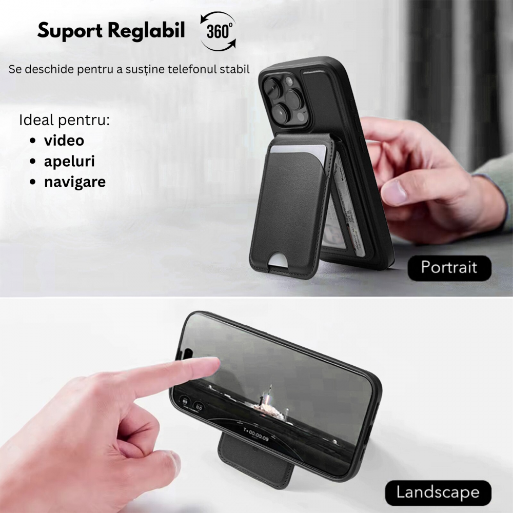 Portofel Magnetic, compatibil MagSafe, capacitate 3 carduri, piele ecologica, suport reglabil [4]