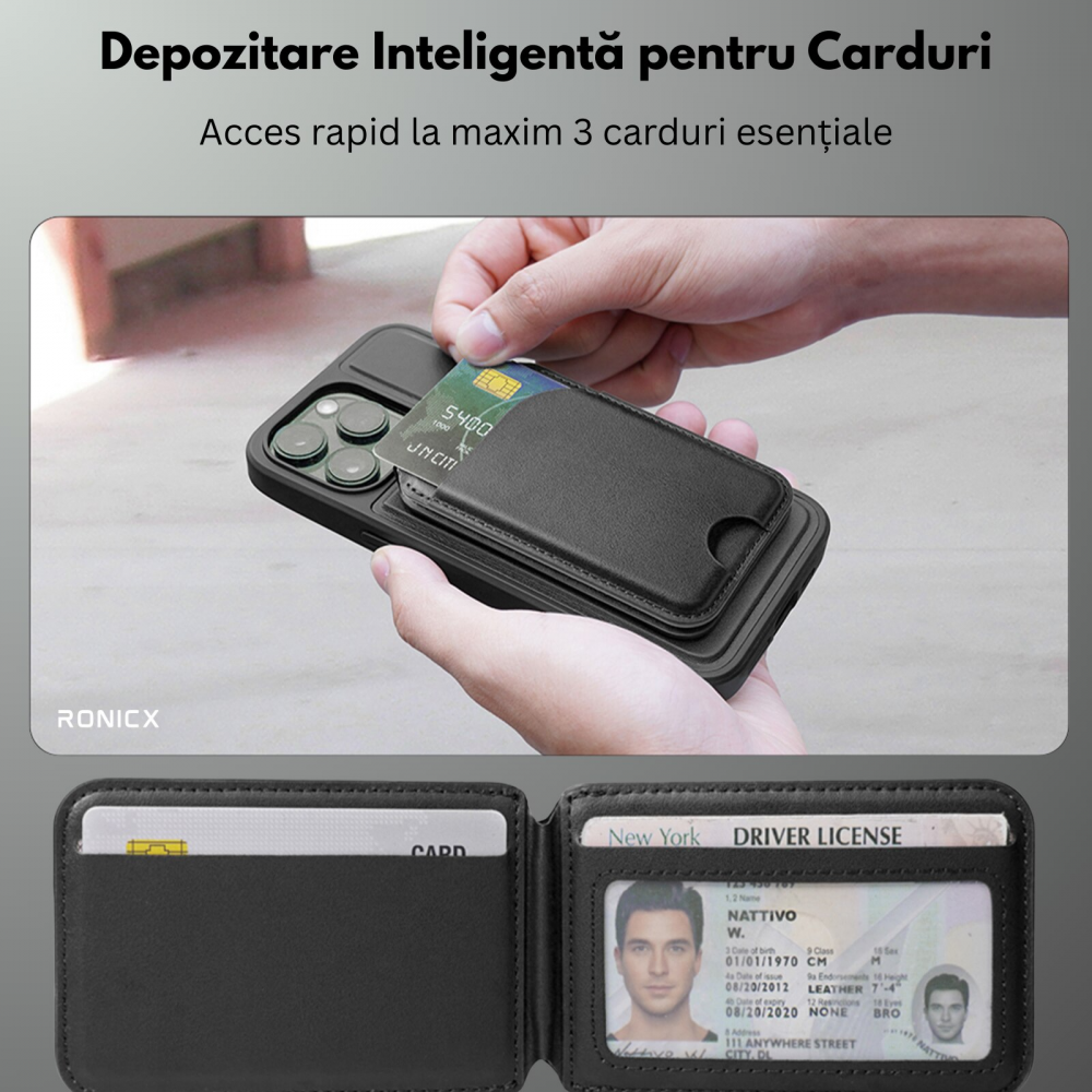 Portofel Magnetic, compatibil MagSafe, capacitate 3 carduri, piele ecologica, suport reglabil [3]