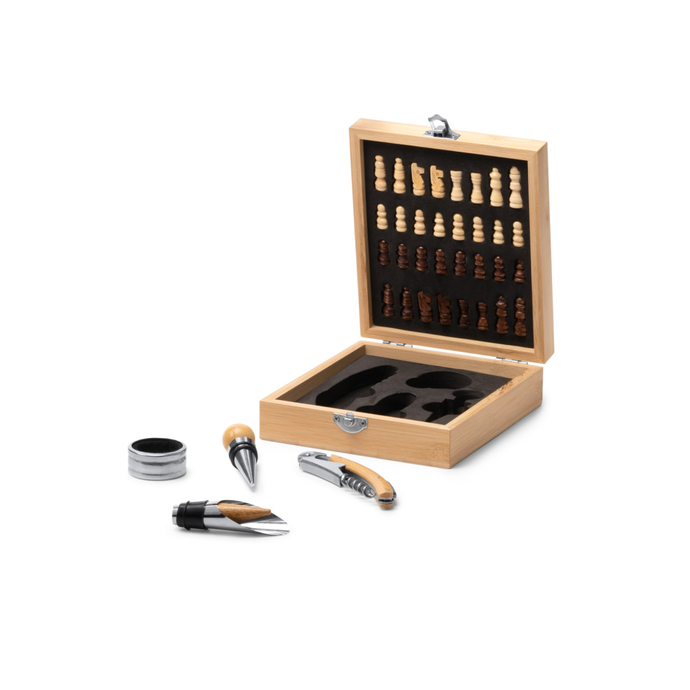Set accesorii vin Fresno cu joc de sah, in cutie din bambus [4]