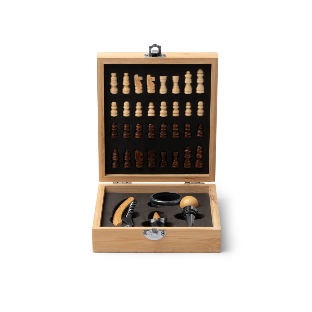 Set accesorii vin Fresno cu joc de sah, in cutie din bambus [2]