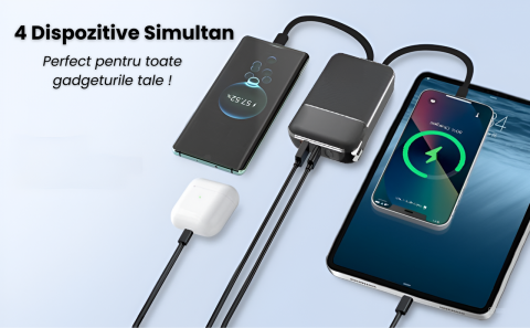 Baterie externa independenta 20.000 mAh, Ronic X, Cabluri Integrate, Fast Charging 22.5W, 4 Dispozitive Simultan,  Priza AC Rabatabila [8]