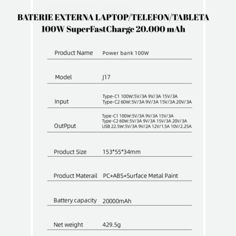 Baterie externa laptop 100W, 20.000 mAh, PD 3.1, dual-output, 3 porturi [6]