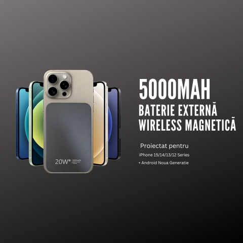 Baterie Externa Wireless Magnetica iCharge, Ronic X, 5.000 mAh, Compatibila iPhone 12-15 Pro Max si Android, 15W, Portabila, Cablu Type-C inclus, Gri [6]