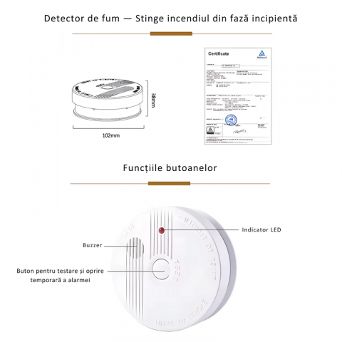 Detector Fum Standalon, Tehnologie Fotoelectrica, Material durabil termoplastic, Idicator LED alarma [2]