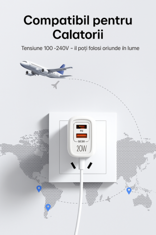 Incarcator Retea TimesTwo, Incarcare Rapida 20W cu Dublu Port USB-C PD 3.0 + USB-A QC 3.0 [4]