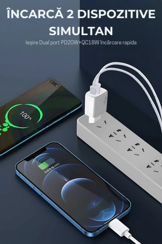 Incarcator Retea TimesTwo, Incarcare Rapida 20W cu Dublu Port USB-C PD 3.0 + USB-A QC 3.0 [1]