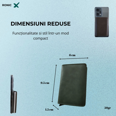 Portofel carduri Clipster, Ronic X, slim, 7-9 carduri, compartiment pentru bacnote, piele ecologica (PU), protectie RFID, carcasa aluminiu, unisex, verde [1]