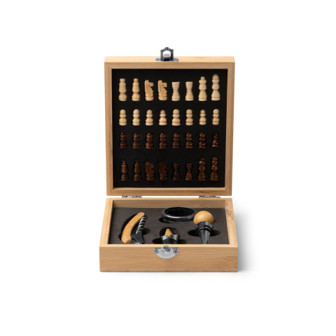 Set accesorii vin Fresno cu joc de sah, in cutie din bambus [1]