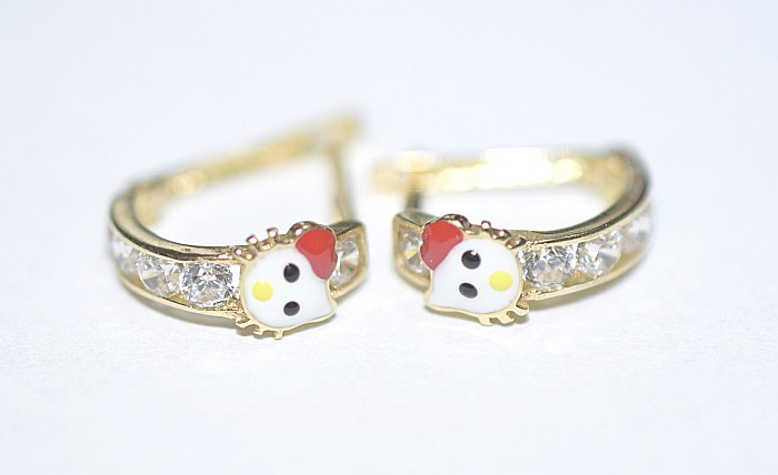 Cercei aur 14K copii si fetite semirotunzi Hello Kitty pietre albe 9mm [2]
