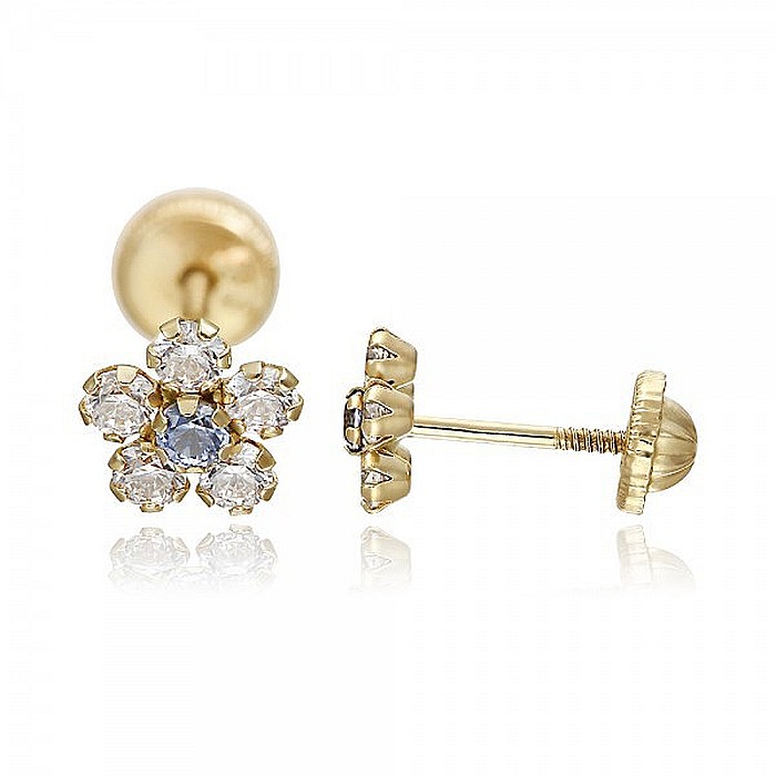 Cercei aur 14k cu protectie nou nascuti bebelusi Flori cu pietre alb albastru 5mm [2]