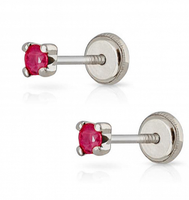 Cercei aur alb 14K mici copii bebelusi Piatra RUBIN 2mm [4]