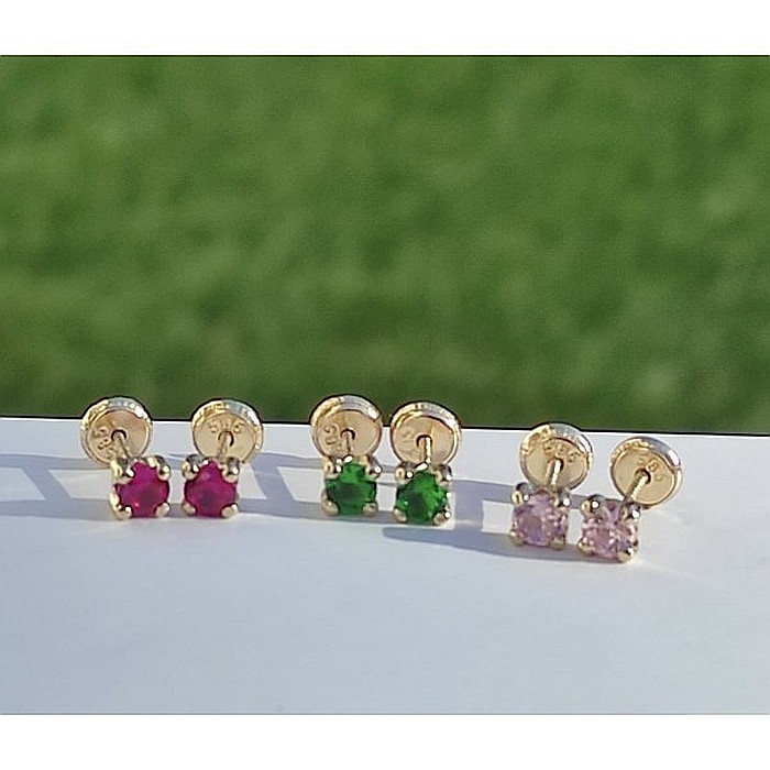 Cercei aur galben 14k bebelusi copii piatra patrata verde smarald 3,5 mm [4]