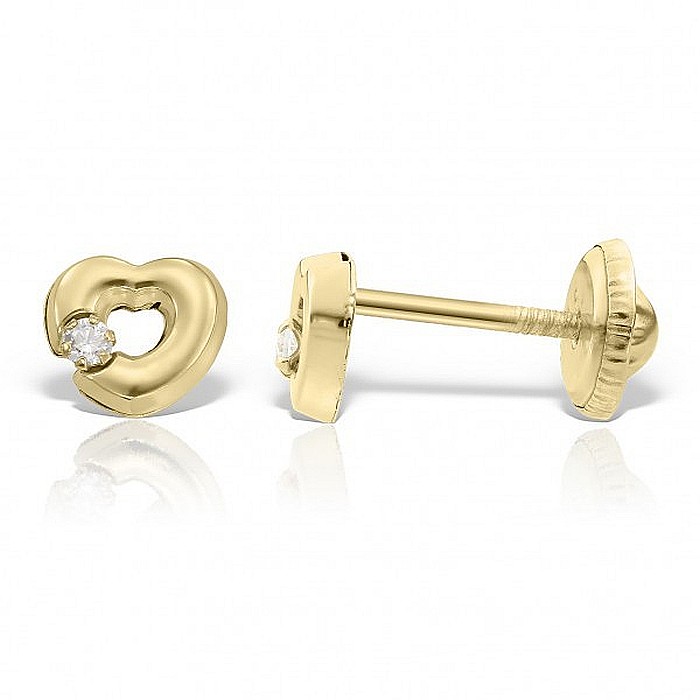 Cercei aur galben 18K cu surub nou nascuti bebelusi Inimioare contur cu piatra [3]