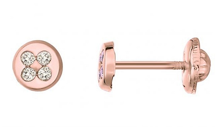 Cercei aur roz 14K bebelusi copii Cerc 4mm cu 4 diamante [2]