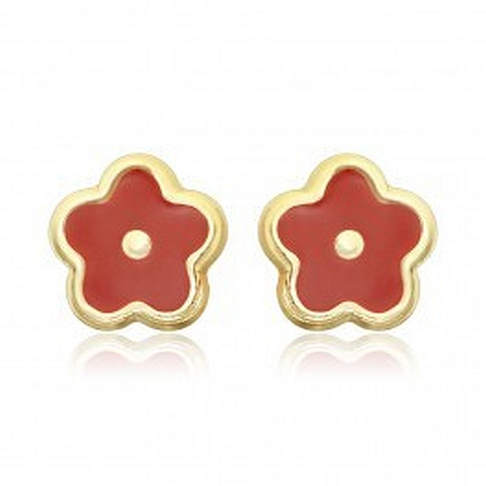 Cercei de aur 14K bebelusi copii cu surub Flori rosii email [2]