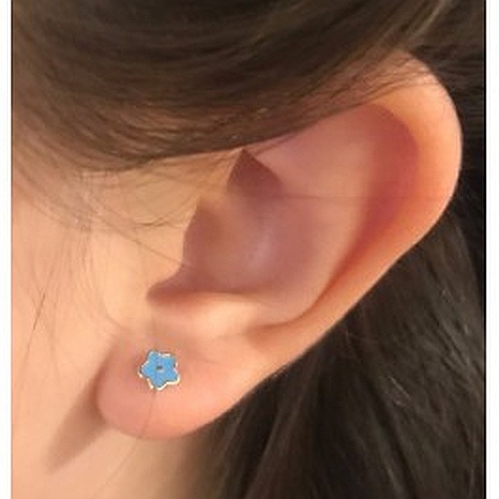 Cercei de aur 14K cu surub copii bebelusi Flori albastre email [4]