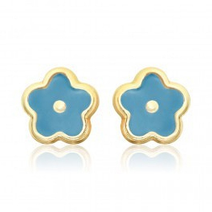 Cercei de aur 14K cu surub copii bebelusi Flori albastre email [2]