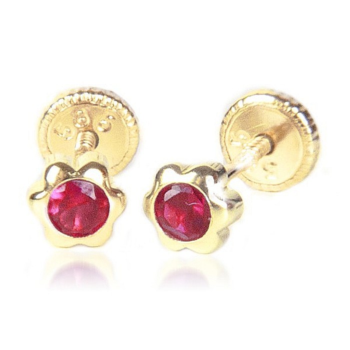 Cercei de aur 14k nou nascuti bebelusi floricele 4mm cu piatra rosie [3]