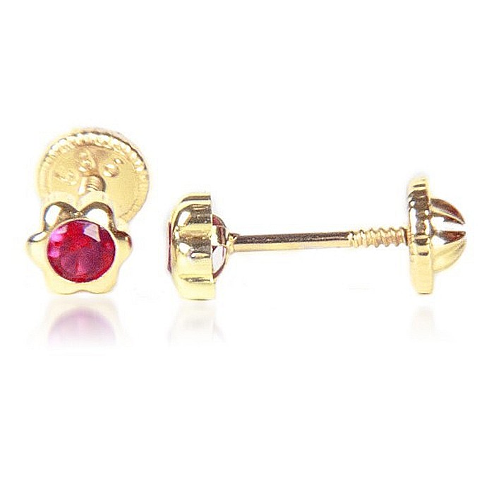 Cercei de aur 14k nou nascuti bebelusi floricele 4mm cu piatra rosie [4]