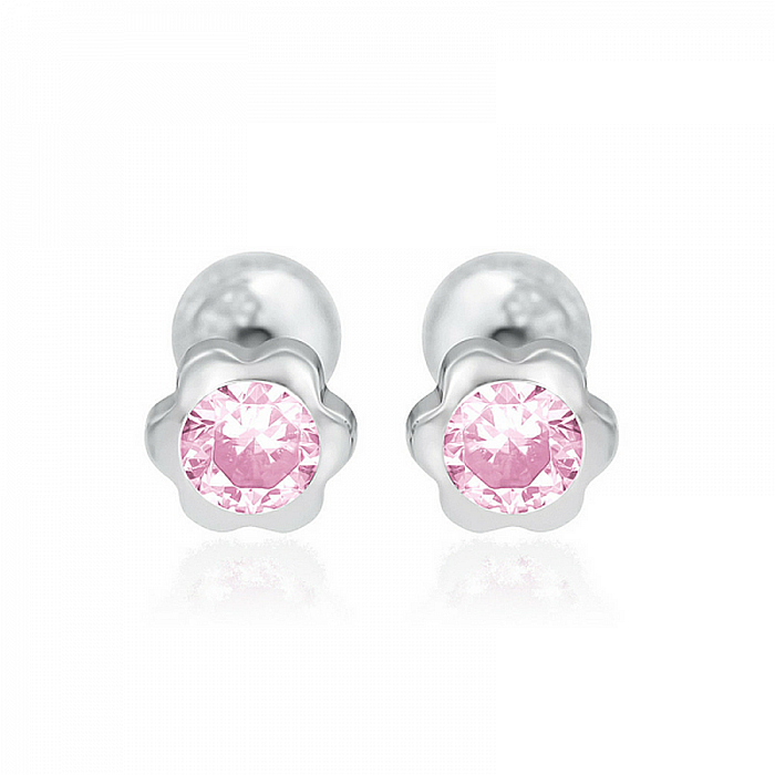 Cercei de aur alb copii bebelusi cu Floricele 4mm cu piatra roz [2]