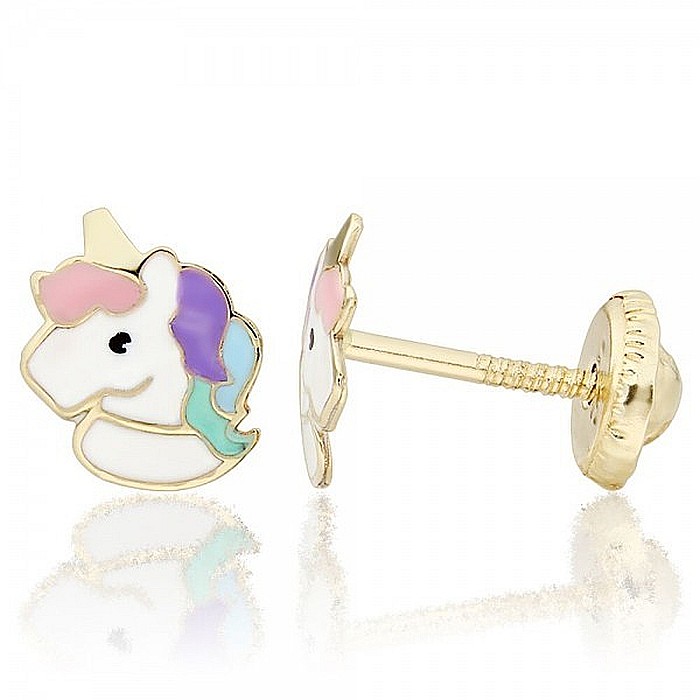 Cercei de aur galben 14K copii bebelusi Unicorni multicolori [1]