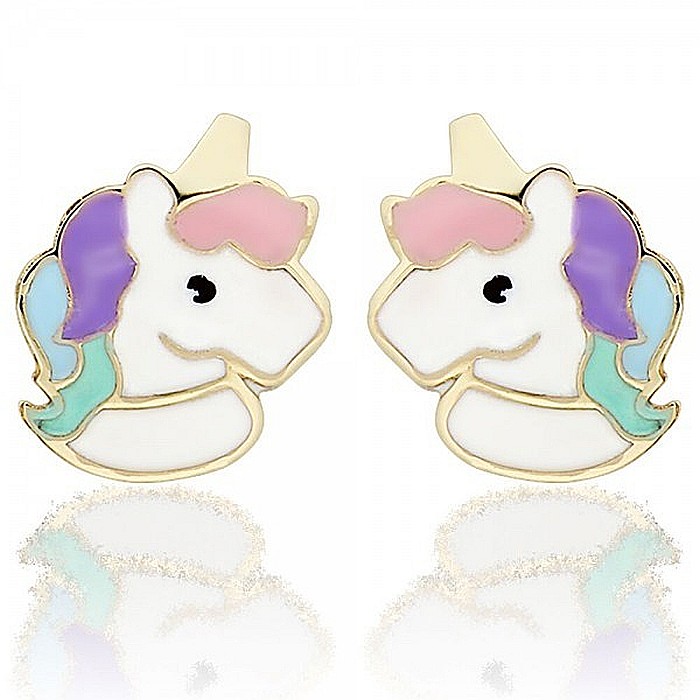 Cercei de aur galben 14K copii bebelusi Unicorni multicolori [2]