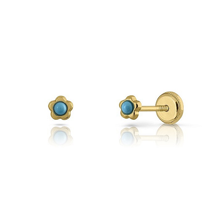 Cercei de aur galben 14K surub copii bebelusi Flori bleu [2]