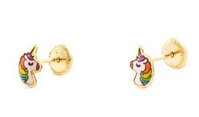Cercei de aur galben 18K copii bebelusi Unicorni multicolori [2]